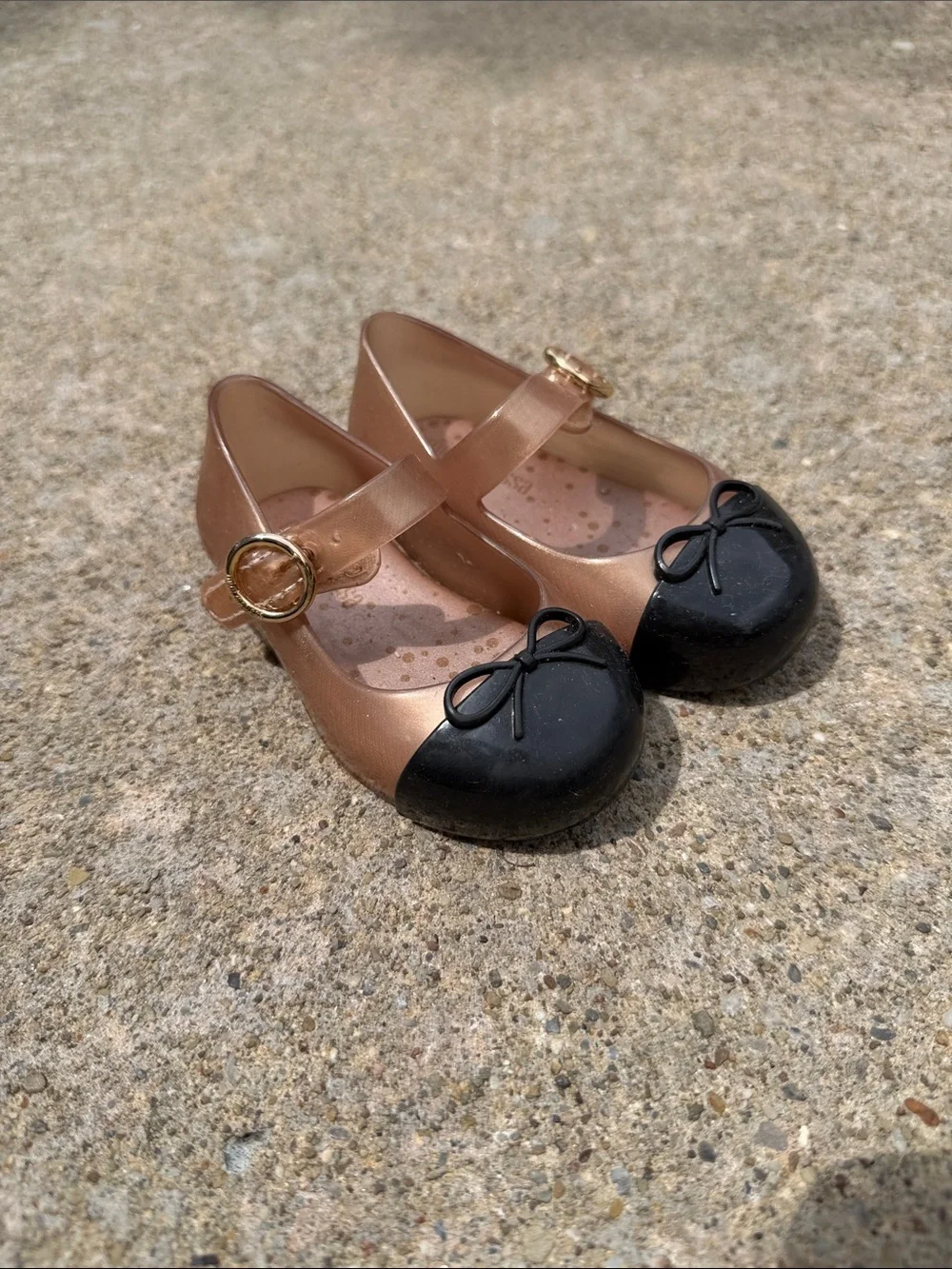 Kids Mary Jane Flats in Rose Gold and Black- mini Melissa brand